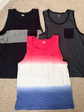 Old Navy men’s Tank Top Trio - Black, Charcoal & Red-White-Blue Ombre